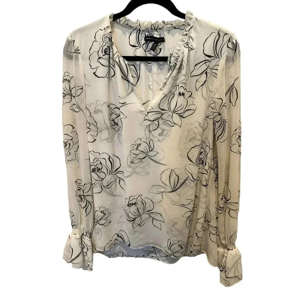 WHBM Women's White Floral Print Long Sleeve Mock Neck Blouse Size Medium